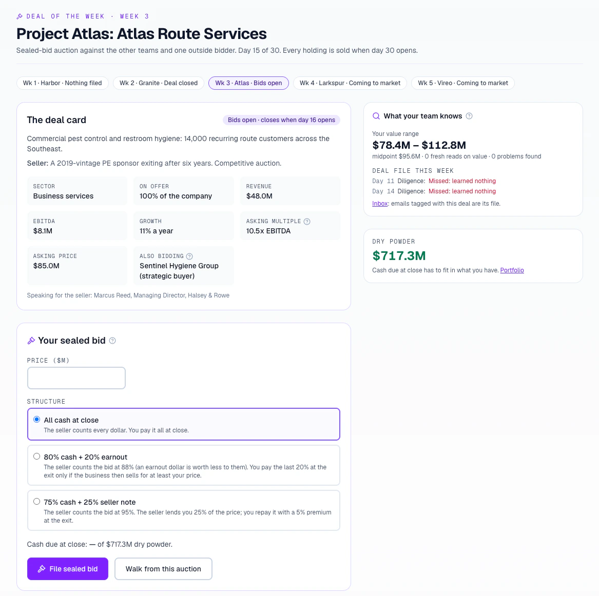 Deal of the Week page for Project Atlas: a deal card with revenue, EBITDA and asking price, the team's value range, and a sealed-bid form with three payment structures.